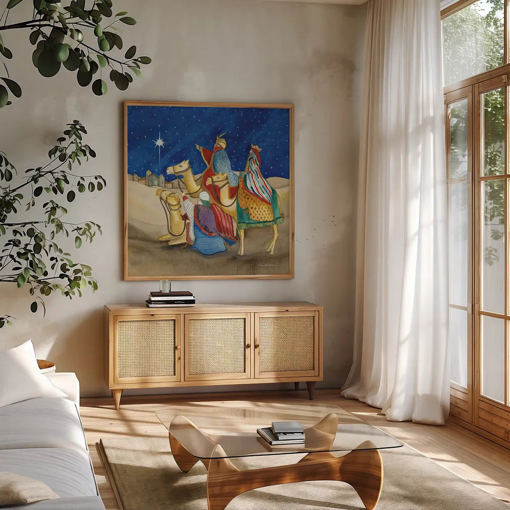 Christmas in Bethlehem II Square by Kathleen Parr McKenna. Shown in a natural wood frame in a cozy modern living room. Available as an archival giclee rolled canvas, fine art paper, or poster print. SKU 28056a.