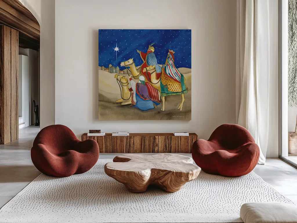 Christmas in Bethlehem II Square by Kathleen Parr McKenna. Shown as extra-large giant wall art in a modern living room. Available as an archival giclee rolled canvas, fine art paper, or poster print. SKU 28056a.