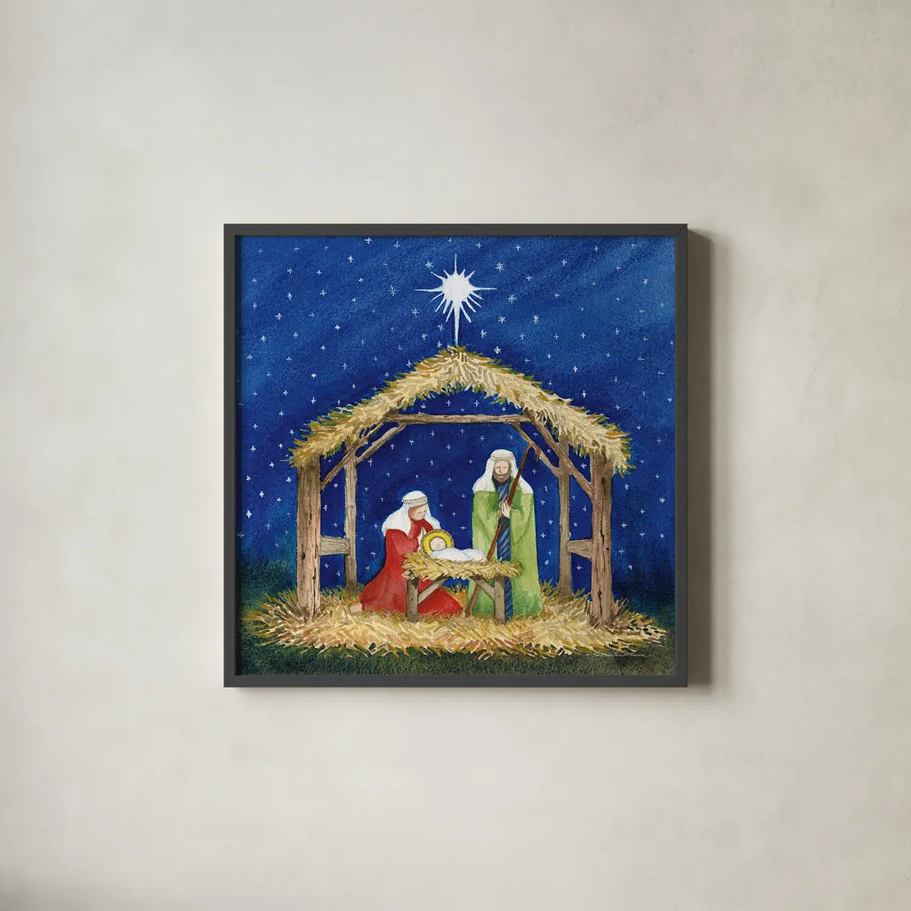 Christmas in Bethlehem III by Kathleen Parr McKenna. Shown in a sleek black glass frame for a contemporary gallery look. Available as an archival giclee rolled canvas, fine art paper, or poster print. SKU 28057a.