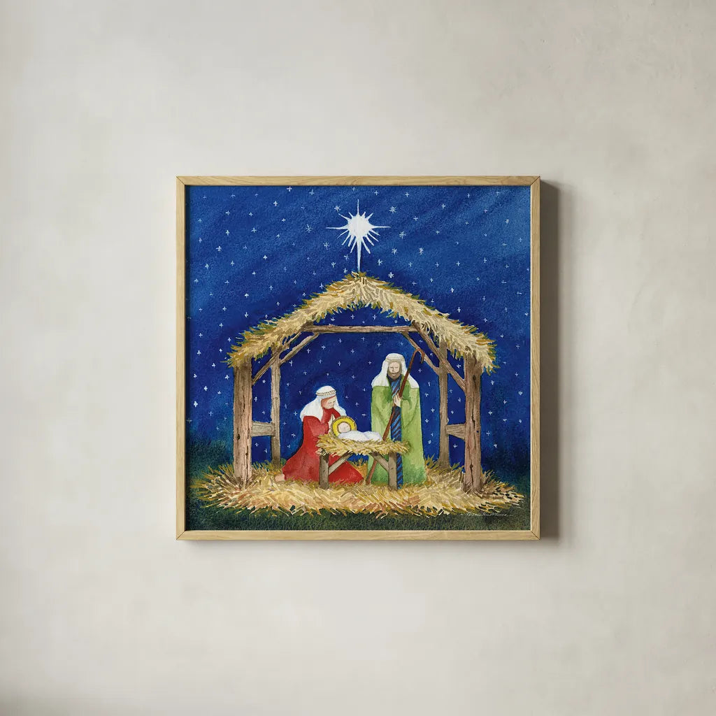 Christmas in Bethlehem III by Kathleen Parr McKenna. Shown in a natural wood glass frame for a timeless modern aesthetic. Available as an archival giclee rolled canvas, fine art paper, or poster print. SKU 28057a.
