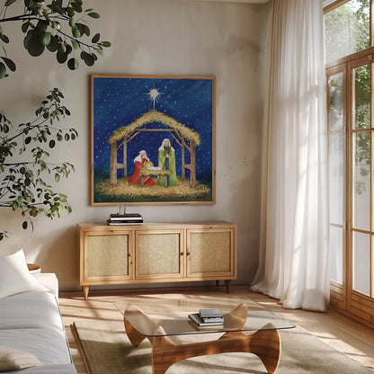 Christmas in Bethlehem III by Kathleen Parr McKenna. Shown in a natural wood frame in a cozy modern living room. Available as an archival giclee rolled canvas, fine art paper, or poster print. SKU 28057a.