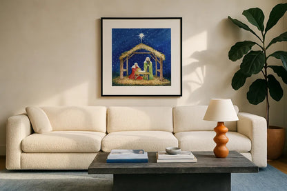 Christmas in Bethlehem III by Kathleen Parr McKenna. Displayed in a glass frame with matte in a clean modern living room. Available as an archival giclee rolled canvas, fine art paper, or poster print. SKU 28057a.