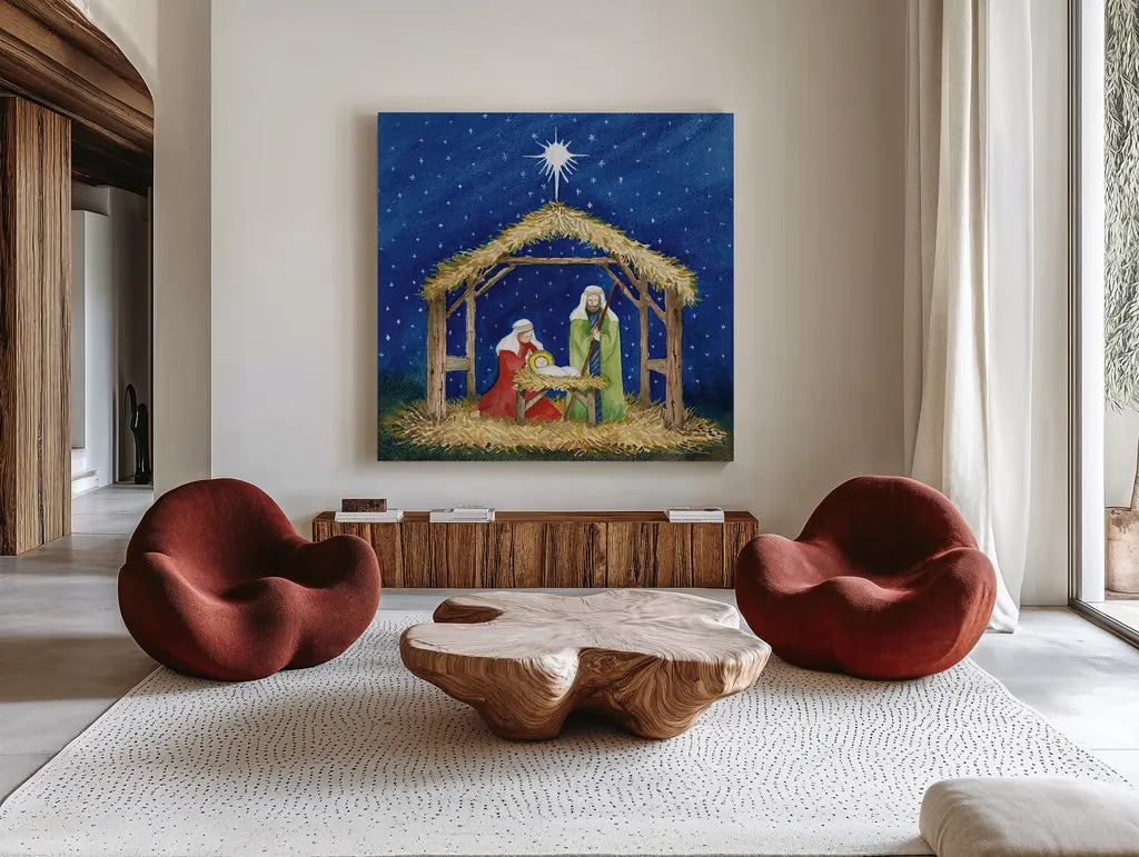 Christmas in Bethlehem III by Kathleen Parr McKenna. Shown as extra-large giant wall art in a modern living room. Available as an archival giclee rolled canvas, fine art paper, or poster print. SKU 28057a.