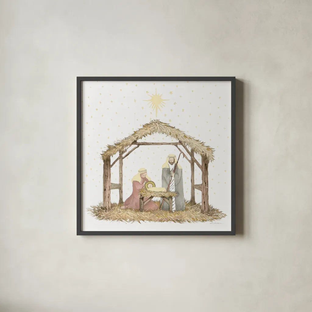 Christmas in Bethlehem III Light by Kathleen Parr McKenna. Shown in a sleek black glass frame for a contemporary gallery look. Available as an archival giclee rolled canvas, fine art paper, or poster print. SKU 70603a.