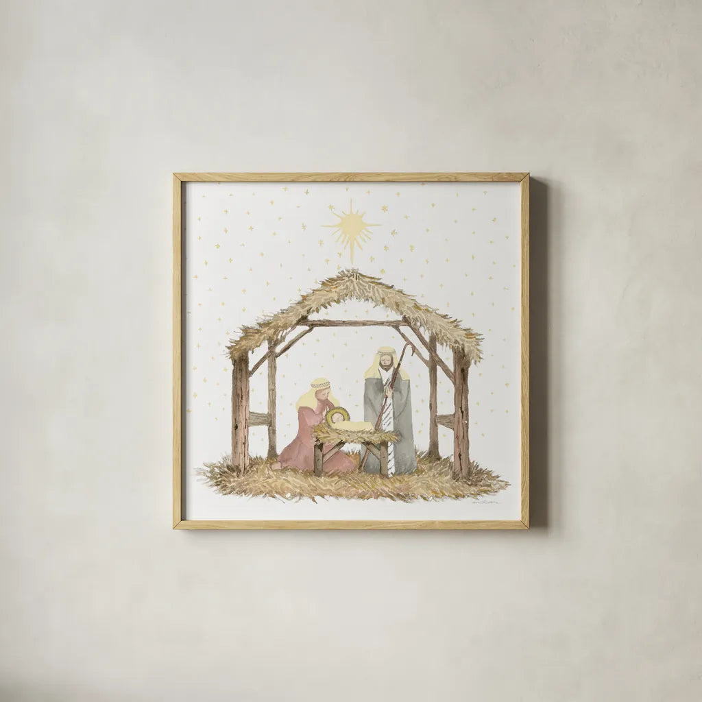 Christmas in Bethlehem III Light by Kathleen Parr McKenna. Shown in a natural wood glass frame for a timeless modern aesthetic. Available as an archival giclee rolled canvas, fine art paper, or poster print. SKU 70603a.