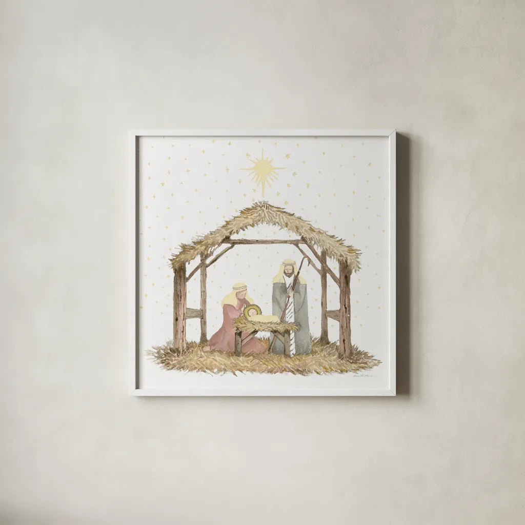 Christmas in Bethlehem III Light by Kathleen Parr McKenna. Shown in a crisp white glass frame for a clean and minimalist style. Available as an archival giclee rolled canvas, fine art paper, or poster print. SKU 70603a.