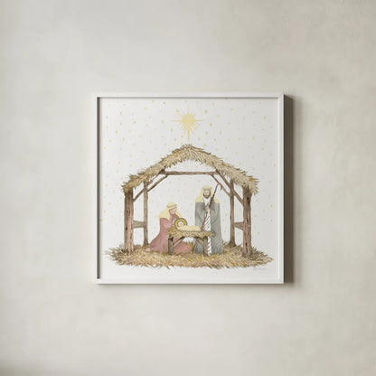Christmas in Bethlehem III Light by Kathleen Parr McKenna. Shown in a crisp white glass frame for a clean and minimalist style. Available as an archival giclee rolled canvas, fine art paper, or poster print. SKU 70603a.