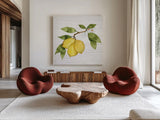 Citrus Garden I Shiplap by Kathleen Parr McKenna. Shown as extra-large giant wall art in a modern living room. Available as an archival giclee rolled canvas, fine art paper, or poster print. SKU 47404a.