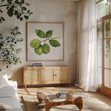 Citrus Garden II Shiplap by Kathleen Parr McKenna. Shown in a natural wood frame in a cozy modern living room. Available as an archival giclee rolled canvas, fine art paper, or poster print. SKU 47405a.
