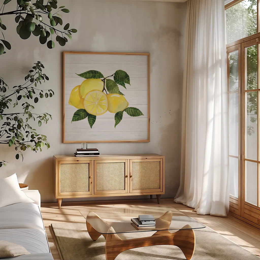 Citrus Garden VI Shiplap by Kathleen Parr McKenna. Shown in a natural wood frame in a cozy modern living room. Available as an archival giclee rolled canvas, fine art paper, or poster print. SKU 47406a.