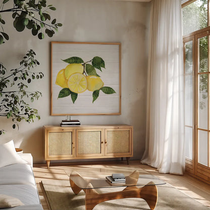 Citrus Garden VI Shiplap by Kathleen Parr McKenna. Shown in a natural wood frame in a cozy modern living room. Available as an archival giclee rolled canvas, fine art paper, or poster print. SKU 47406a.