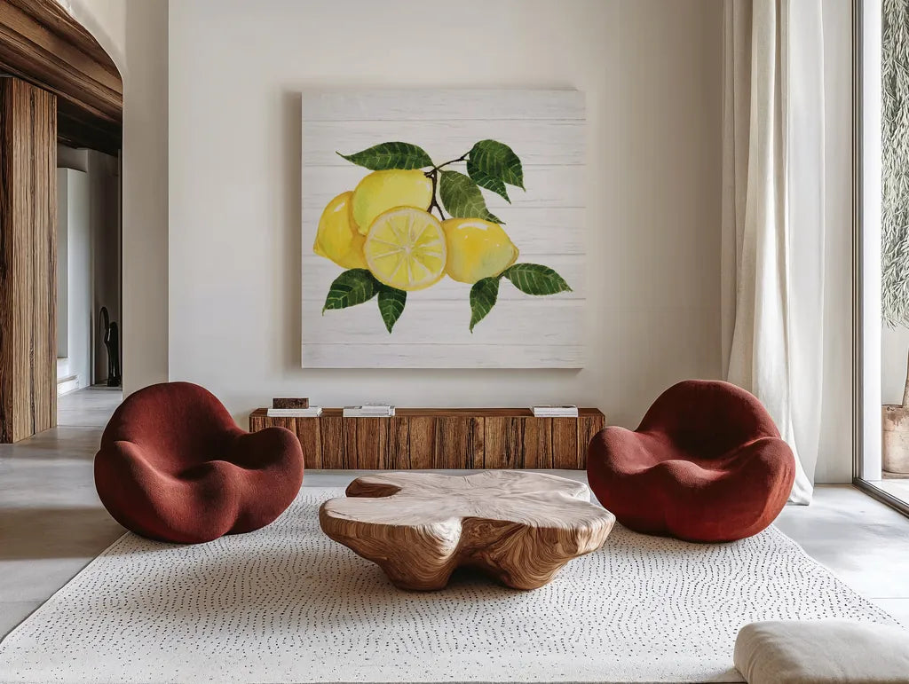 Citrus Garden VI Shiplap by Kathleen Parr McKenna. Shown as extra-large giant wall art in a modern living room. Available as an archival giclee rolled canvas, fine art paper, or poster print. SKU 47406a.