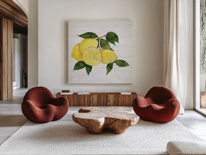 Citrus Garden VI Shiplap by Kathleen Parr McKenna. Shown as extra-large giant wall art in a modern living room. Available as an archival giclee rolled canvas, fine art paper, or poster print. SKU 47406a.
