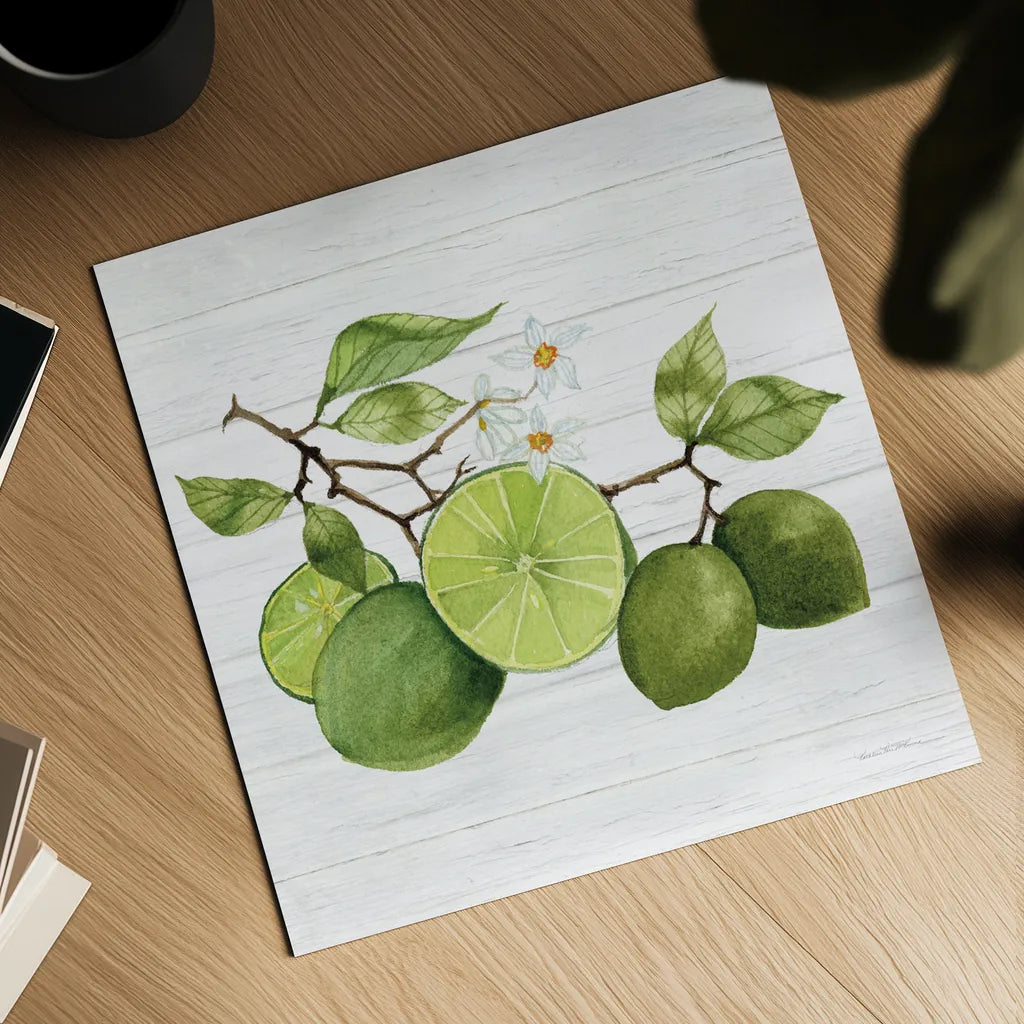 Citrus Garden VII Shiplap by Kathleen Parr McKenna. Shown as a detailed flat fine art print, highlighting archival giclee quality. Available as an archival giclee rolled canvas, fine art paper, or poster print. SKU 47407a.