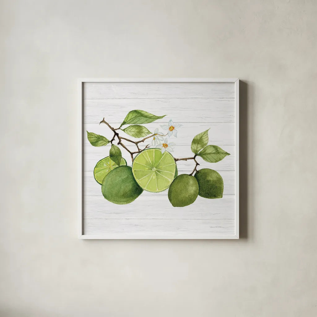 Citrus Garden VII Shiplap by Kathleen Parr McKenna. Shown in a crisp white glass frame for a clean and minimalist style. Available as an archival giclee rolled canvas, fine art paper, or poster print. SKU 47407a.
