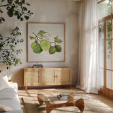 Citrus Garden VII Shiplap by Kathleen Parr McKenna. Shown in a natural wood frame in a cozy modern living room. Available as an archival giclee rolled canvas, fine art paper, or poster print. SKU 47407a.