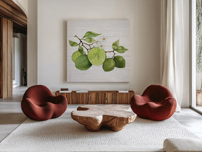 Citrus Garden VII Shiplap by Kathleen Parr McKenna. Shown as extra-large giant wall art in a modern living room. Available as an archival giclee rolled canvas, fine art paper, or poster print. SKU 47407a.