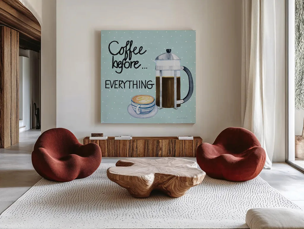 Coffee Before Everything Blue by Kathleen Parr McKenna. Shown as extra-large giant wall art in a modern living room. Available as an archival giclee rolled canvas, fine art paper, or poster print. SKU 56997a.