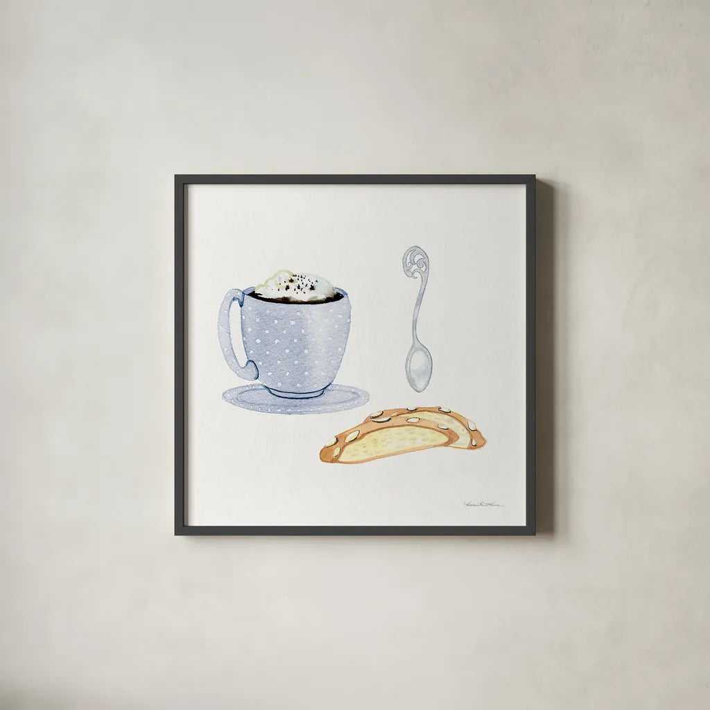 Coffee Break IX by Kathleen Parr McKenna. Shown in a sleek black glass frame for a contemporary gallery look. Available as an archival giclee rolled canvas, fine art paper, or poster print. SKU 32147a.
