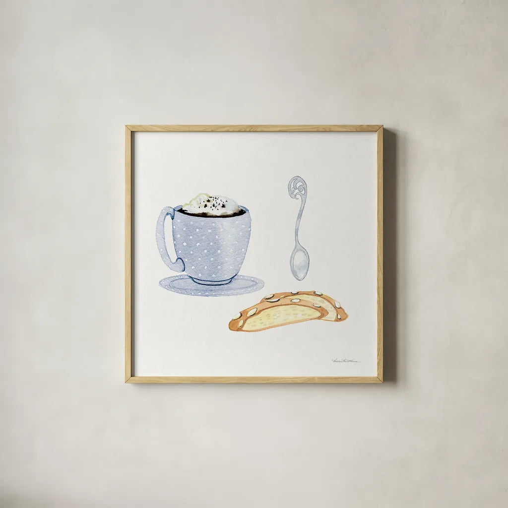 Coffee Break IX by Kathleen Parr McKenna. Shown in a natural wood glass frame for a timeless modern aesthetic. Available as an archival giclee rolled canvas, fine art paper, or poster print. SKU 32147a.