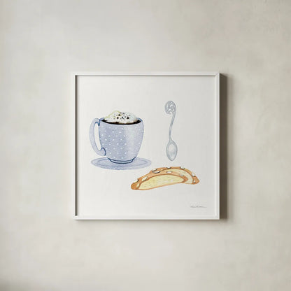 Coffee Break IX by Kathleen Parr McKenna. Shown in a crisp white glass frame for a clean and minimalist style. Available as an archival giclee rolled canvas, fine art paper, or poster print. SKU 32147a.