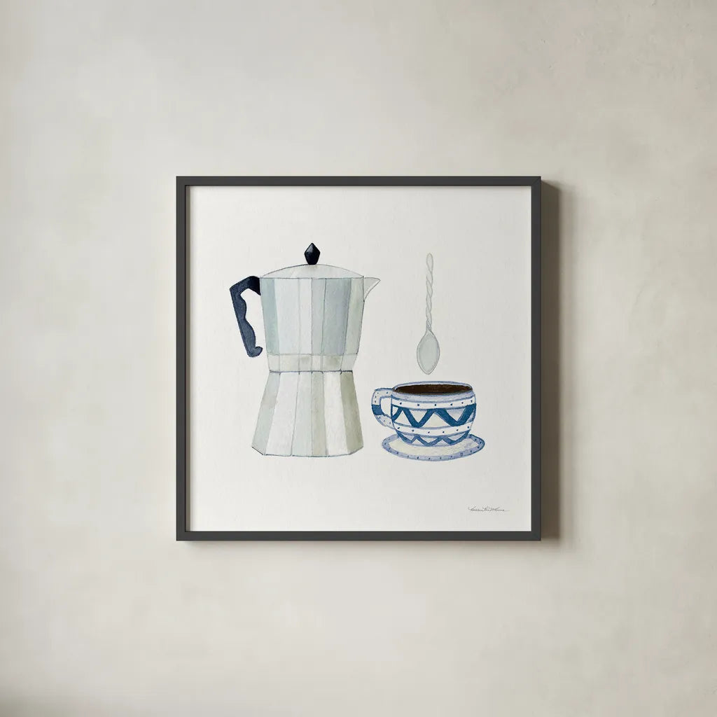 Coffee Break VII by Kathleen Parr McKenna. Shown in a sleek black glass frame for a contemporary gallery look. Available as an archival giclee rolled canvas, fine art paper, or poster print. SKU 32145a.