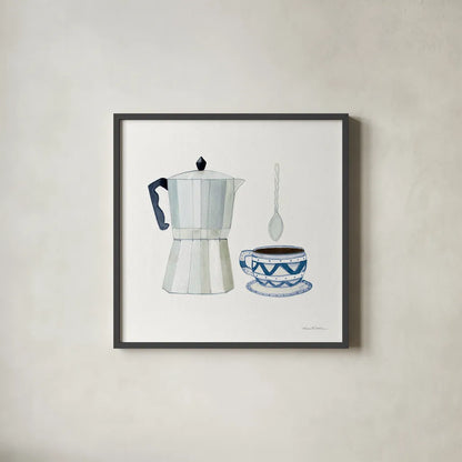 Coffee Break VII by Kathleen Parr McKenna. Shown in a sleek black glass frame for a contemporary gallery look. Available as an archival giclee rolled canvas, fine art paper, or poster print. SKU 32145a.
