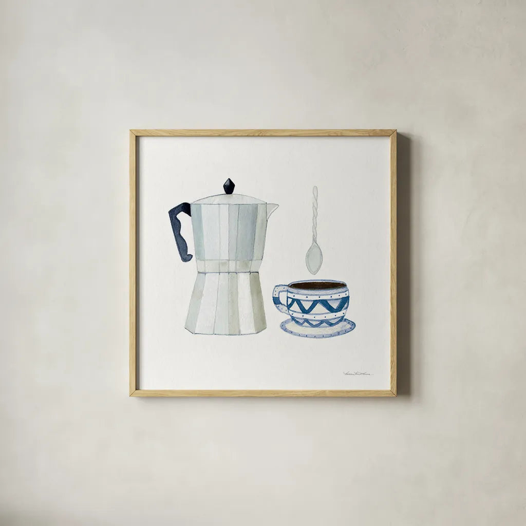 Coffee Break VII by Kathleen Parr McKenna. Shown in a natural wood glass frame for a timeless modern aesthetic. Available as an archival giclee rolled canvas, fine art paper, or poster print. SKU 32145a.