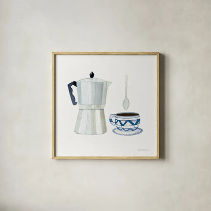 Coffee Break VII by Kathleen Parr McKenna. Shown in a natural wood glass frame for a timeless modern aesthetic. Available as an archival giclee rolled canvas, fine art paper, or poster print. SKU 32145a.