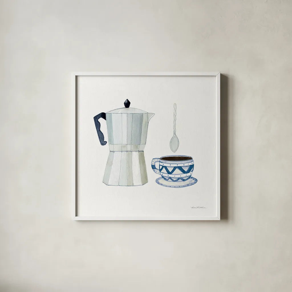 Coffee Break VII by Kathleen Parr McKenna. Shown in a crisp white glass frame for a clean and minimalist style. Available as an archival giclee rolled canvas, fine art paper, or poster print. SKU 32145a.
