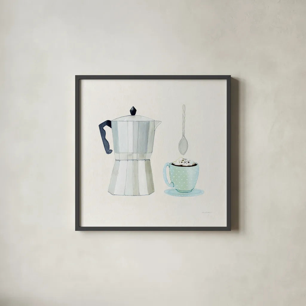 Coffee Break VII Tan by Kathleen Parr McKenna. Shown in a sleek black glass frame for a contemporary gallery look. Available as an archival giclee rolled canvas, fine art paper, or poster print. SKU 56999a.