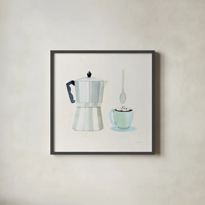 Coffee Break VII Tan by Kathleen Parr McKenna. Shown in a sleek black glass frame for a contemporary gallery look. Available as an archival giclee rolled canvas, fine art paper, or poster print. SKU 56999a.