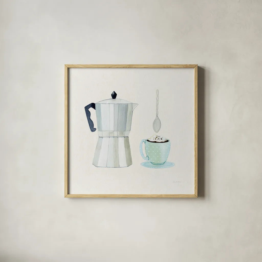 Coffee Break VII Tan by Kathleen Parr McKenna. Shown in a natural wood glass frame for a timeless modern aesthetic. Available as an archival giclee rolled canvas, fine art paper, or poster print. SKU 56999a.
