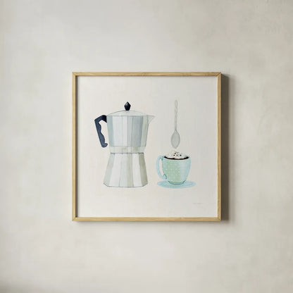 Coffee Break VII Tan by Kathleen Parr McKenna. Shown in a natural wood glass frame for a timeless modern aesthetic. Available as an archival giclee rolled canvas, fine art paper, or poster print. SKU 56999a.