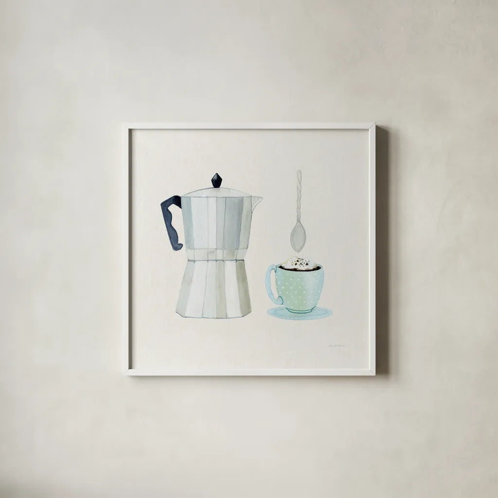 Coffee Break VII Tan by Kathleen Parr McKenna. Shown in a crisp white glass frame for a clean and minimalist style. Available as an archival giclee rolled canvas, fine art paper, or poster print. SKU 56999a.