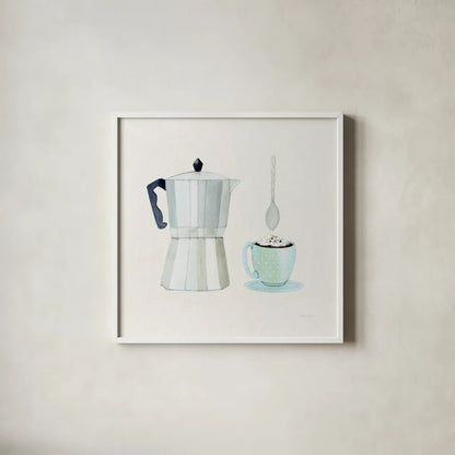Coffee Break VII Tan by Kathleen Parr McKenna. Shown in a crisp white glass frame for a clean and minimalist style. Available as an archival giclee rolled canvas, fine art paper, or poster print. SKU 56999a.