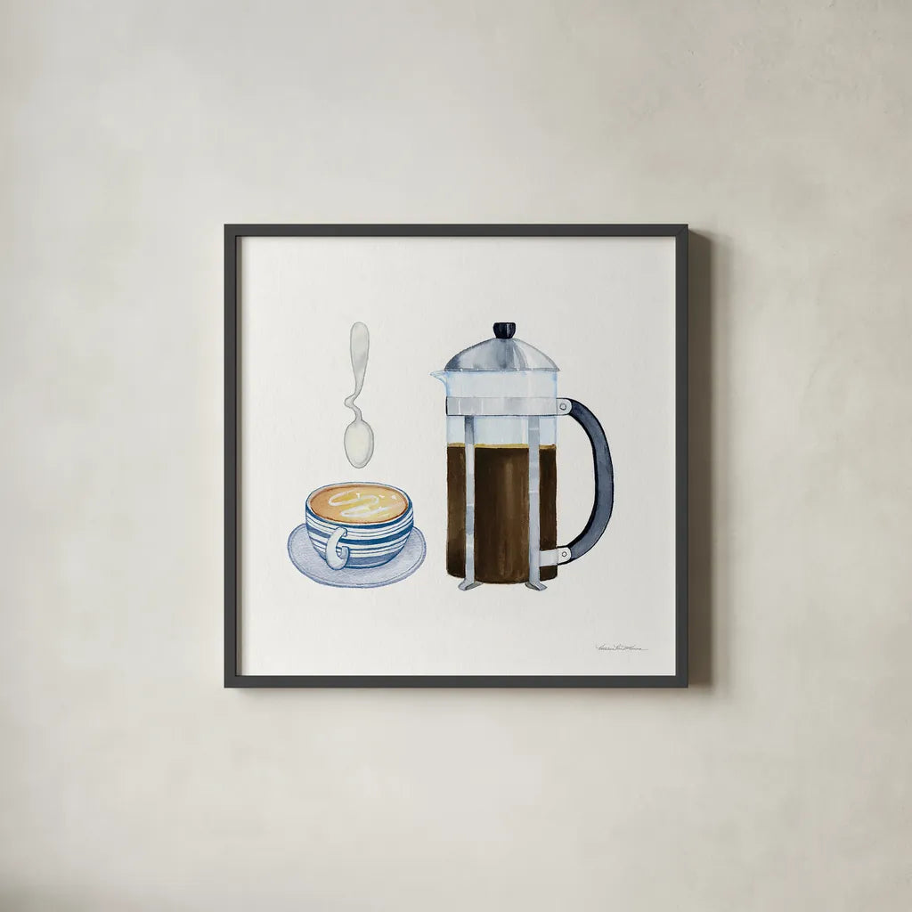 Coffee Break VIII by Kathleen Parr McKenna. Shown in a sleek black glass frame for a contemporary gallery look. Available as an archival giclee rolled canvas, fine art paper, or poster print. SKU 32146a.