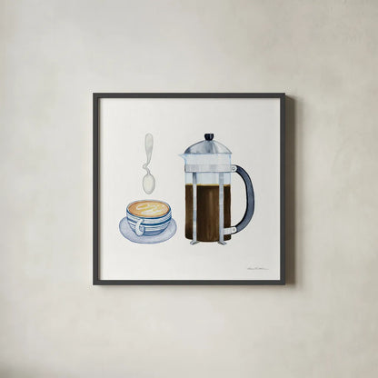 Coffee Break VIII by Kathleen Parr McKenna. Shown in a sleek black glass frame for a contemporary gallery look. Available as an archival giclee rolled canvas, fine art paper, or poster print. SKU 32146a.