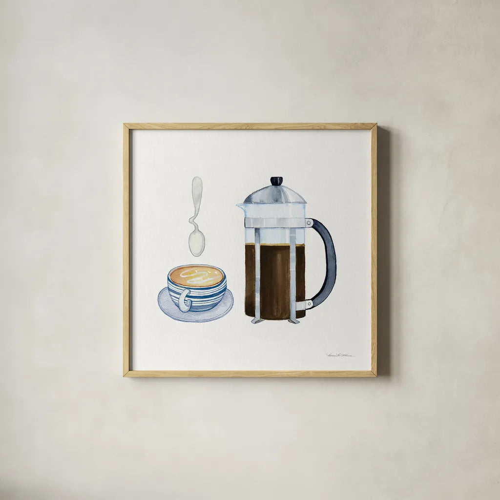 Coffee Break VIII by Kathleen Parr McKenna. Shown in a natural wood glass frame for a timeless modern aesthetic. Available as an archival giclee rolled canvas, fine art paper, or poster print. SKU 32146a.