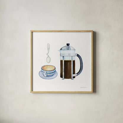 Coffee Break VIII by Kathleen Parr McKenna. Shown in a natural wood glass frame for a timeless modern aesthetic. Available as an archival giclee rolled canvas, fine art paper, or poster print. SKU 32146a.