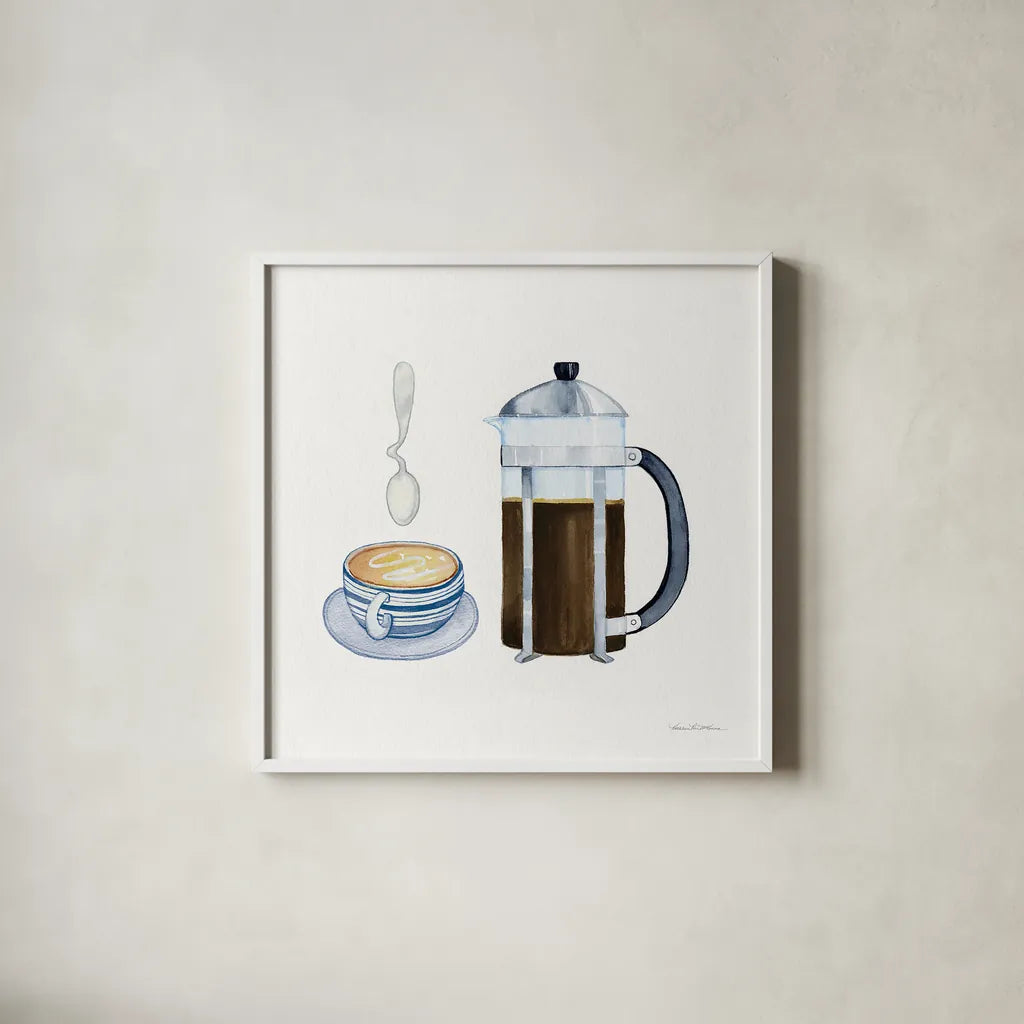Coffee Break VIII by Kathleen Parr McKenna. Shown in a crisp white glass frame for a clean and minimalist style. Available as an archival giclee rolled canvas, fine art paper, or poster print. SKU 32146a.