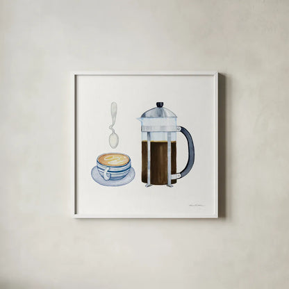 Coffee Break VIII by Kathleen Parr McKenna. Shown in a crisp white glass frame for a clean and minimalist style. Available as an archival giclee rolled canvas, fine art paper, or poster print. SKU 32146a.