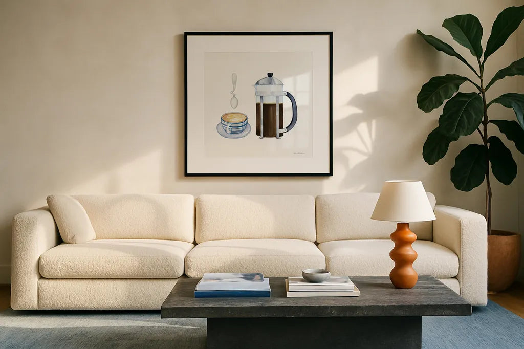 Coffee Break VIII by Kathleen Parr McKenna. Displayed in a glass frame with matte in a clean modern living room. Available as an archival giclee rolled canvas, fine art paper, or poster print. SKU 32146a.