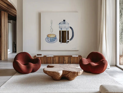Coffee Break VIII by Kathleen Parr McKenna. Shown as extra-large giant wall art in a modern living room. Available as an archival giclee rolled canvas, fine art paper, or poster print. SKU 32146a.