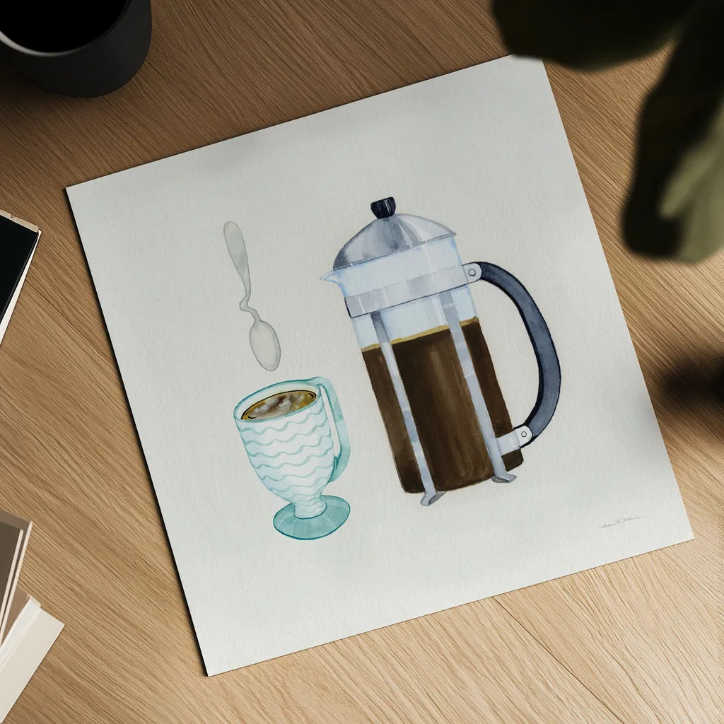 Coffee Break VIII Tan by Kathleen Parr McKenna. Shown as a detailed flat fine art print, highlighting archival giclee quality. Available as an archival giclee rolled canvas, fine art paper, or poster print. SKU 57000a.