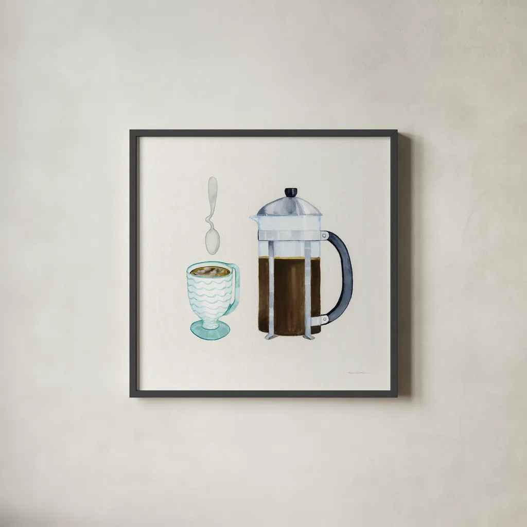 Coffee Break VIII Tan by Kathleen Parr McKenna. Shown in a sleek black glass frame for a contemporary gallery look. Available as an archival giclee rolled canvas, fine art paper, or poster print. SKU 57000a.