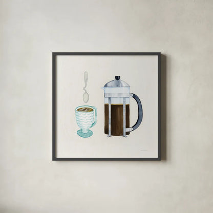 Coffee Break VIII Tan by Kathleen Parr McKenna. Shown in a sleek black glass frame for a contemporary gallery look. Available as an archival giclee rolled canvas, fine art paper, or poster print. SKU 57000a.