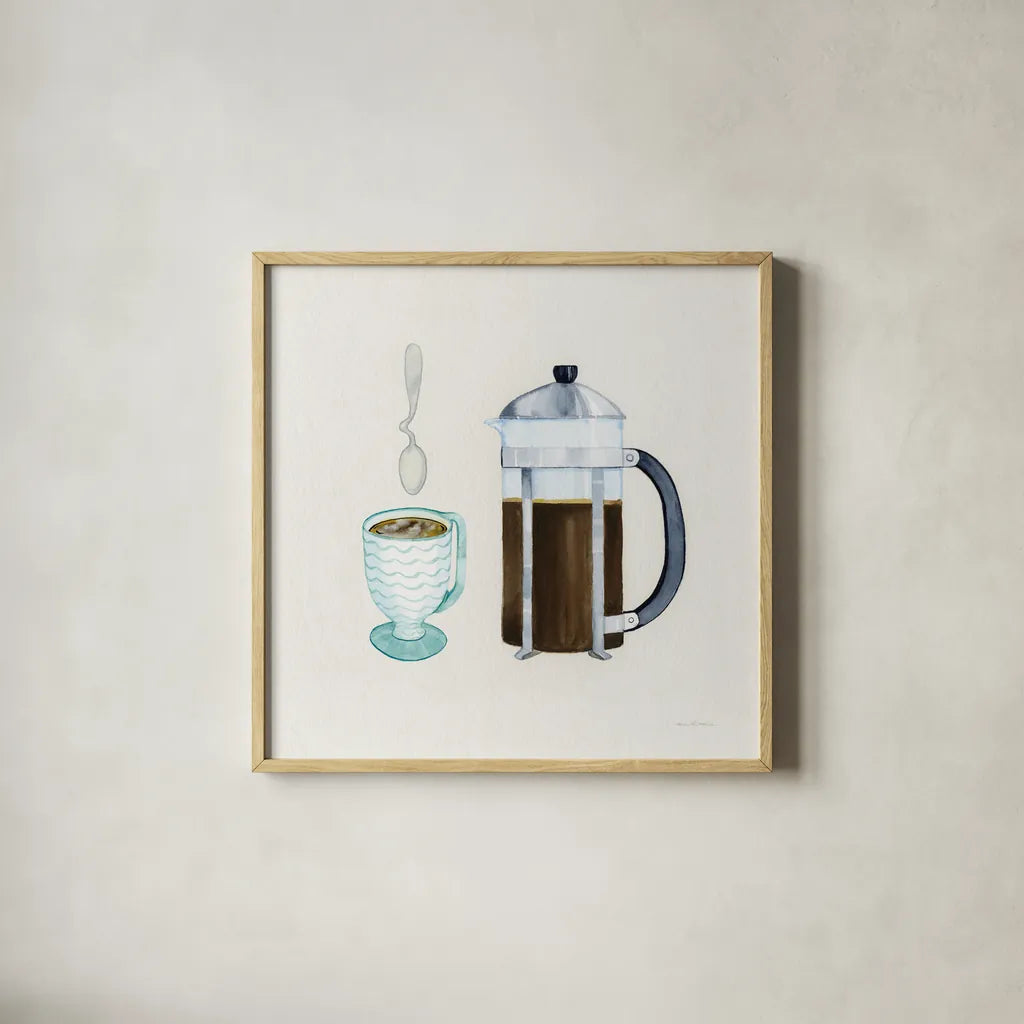 Coffee Break VIII Tan by Kathleen Parr McKenna. Shown in a natural wood glass frame for a timeless modern aesthetic. Available as an archival giclee rolled canvas, fine art paper, or poster print. SKU 57000a.