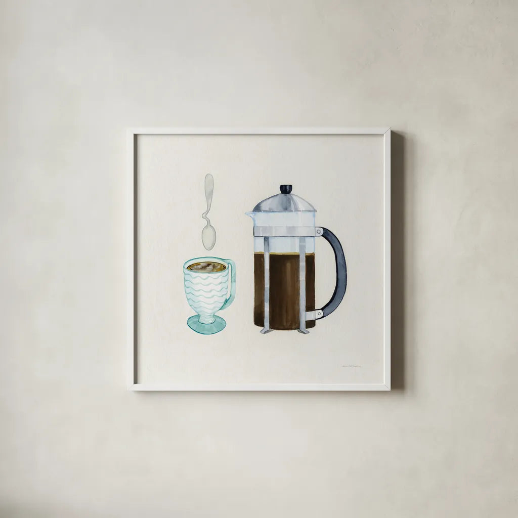 Coffee Break VIII Tan by Kathleen Parr McKenna. Shown in a crisp white glass frame for a clean and minimalist style. Available as an archival giclee rolled canvas, fine art paper, or poster print. SKU 57000a.