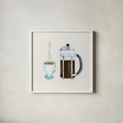 Coffee Break VIII Tan by Kathleen Parr McKenna. Shown in a crisp white glass frame for a clean and minimalist style. Available as an archival giclee rolled canvas, fine art paper, or poster print. SKU 57000a.